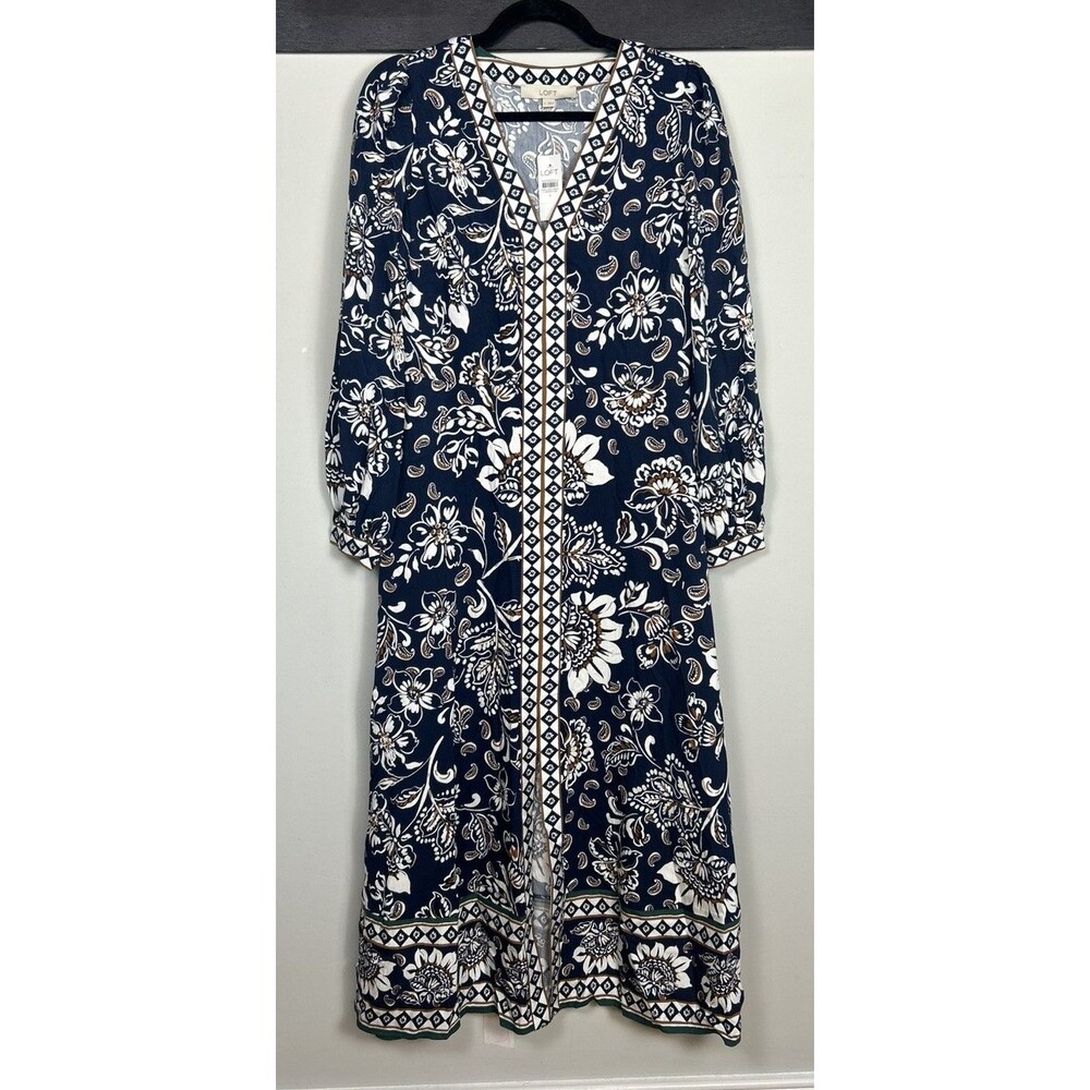 NWT LOFT MAXI DRESS KAFTAN NAVY BROWN FLORAL LONG SLEEVES V NECK SZ 4